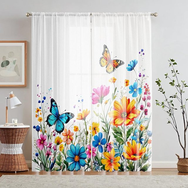 2er-Set Fensterdekoration mit buntem Schmetterlingsprint in Weiß, B/H: 132 x 160 cm - Bild 1