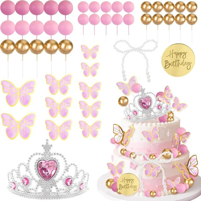 48 Stück Kronen-Kuchenaufsatz Set mit Schmetterlingen und Perlen in Pink für Hochzeit, Babyparty und Geburtstag - Bild 1