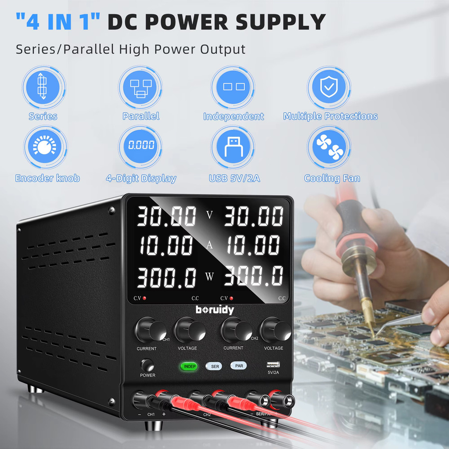 Boruidy SPS3010-2KD Mehrkanaliges Bipolares DC-Gleichstromnetzteil in Schwarz, 30V 10A mit unabhängigen Doppelausgängen, seriell/parallel schaltbar, Labornetzteil für F&E und Alterungstests - Bild 2