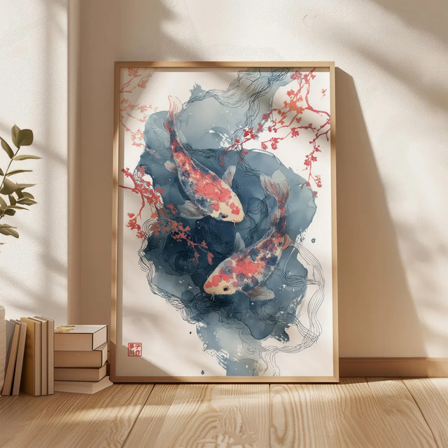 Wanddekoration von SHENCHEN im japanischen Aquarell-Stil mit bunten Koi-Fischen und Kirschblüten, mehrfarbig - Bild 1