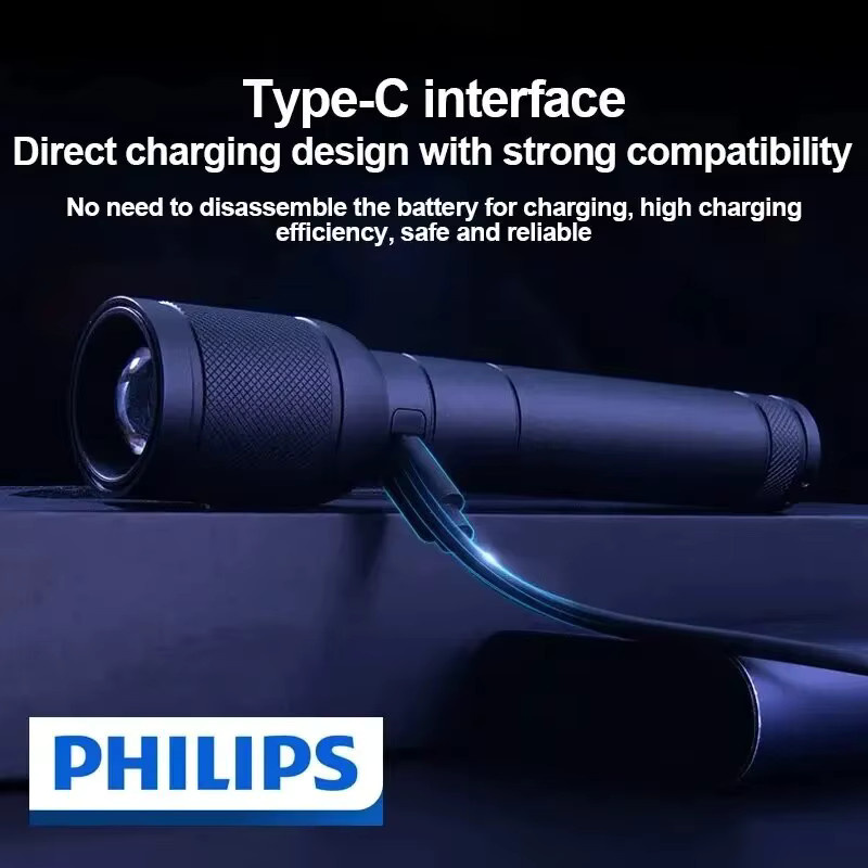 Philips 6168 Taschenlampe mit optischem Zoom, schwarze Akku-Taschenlampe mit 4 Beleuchtungsmodi und USB-C Anschluss - Bild 2