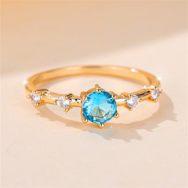 Verlobungsring, blaue runde Zirkon, Goldfarbe, Damen - Bild 1