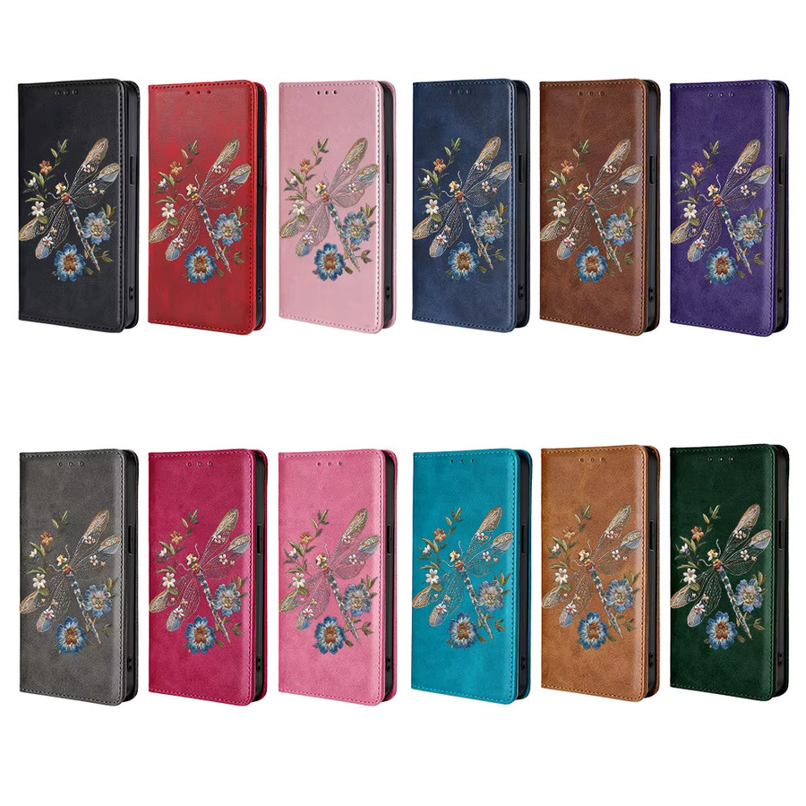 Samsung Handyhülle aus Leder mit Libellen-Blumenmuster in Grau für Galaxy S25 Ultra, S25 FE, S24, S23, S22 Plus, Flip und Galaxy A-Serie - Bild 5