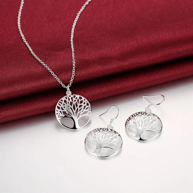 Schmuck-Set Halskette, Ohrringe, 925 Silber, Baum-Anhänger, Damen - Bild 1