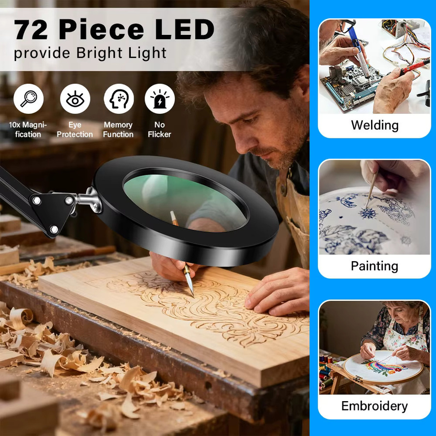 LED Schreibtischlampe mit 10-facher Lupe und Klemme in Schwarz, dimmbar mit 3 Farbmodi, Echtglaslinse und Schwenkarm für Home Office und professionelle Aufgaben - Bild 2
