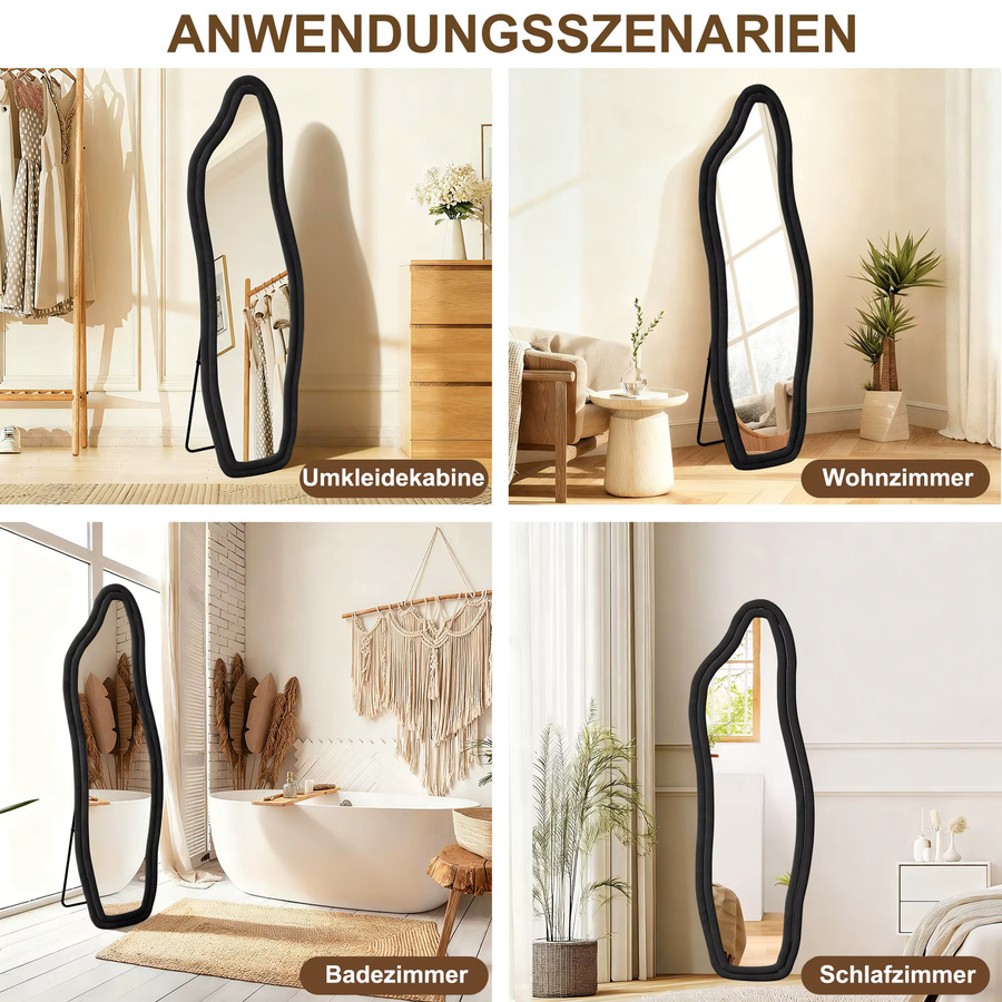 Anajqaqia Delfin-Spiegel, asymmetrischer Ganzkörperspiegel mit Samtrahmen in Schwarz, Höhe: 140 cm, Breite: 45 cm - Bild 4