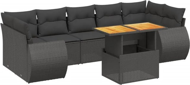 vidaXL 8-tlg. Garten-Sofagarnitur in L-Form aus Poly-Rattan und Akazienholz mit Kissen, Schwarz - Bild 1