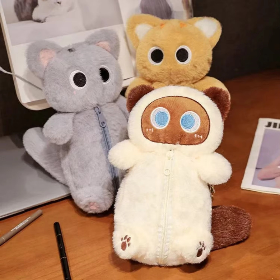 LUSQI Plüsch Federmäppchen und Geldbörse in Grau im Kawaii Tier Design als Stifthalter und Desktop Organizer für Studenten und Schulbedarf - Bild 5