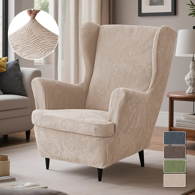 WANERQU Jacquard Wing Stuhlbezug mit Sitzkissenbezug, floral, beige, rutschfest - Bild 1