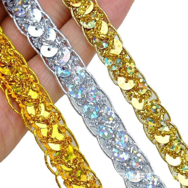 Yackalasi Goldene Spitzenapplikation mit Pailletten und Perlenstreifen für Kleidung und Dekoration, Breite: 1,2 cm - Bild 1