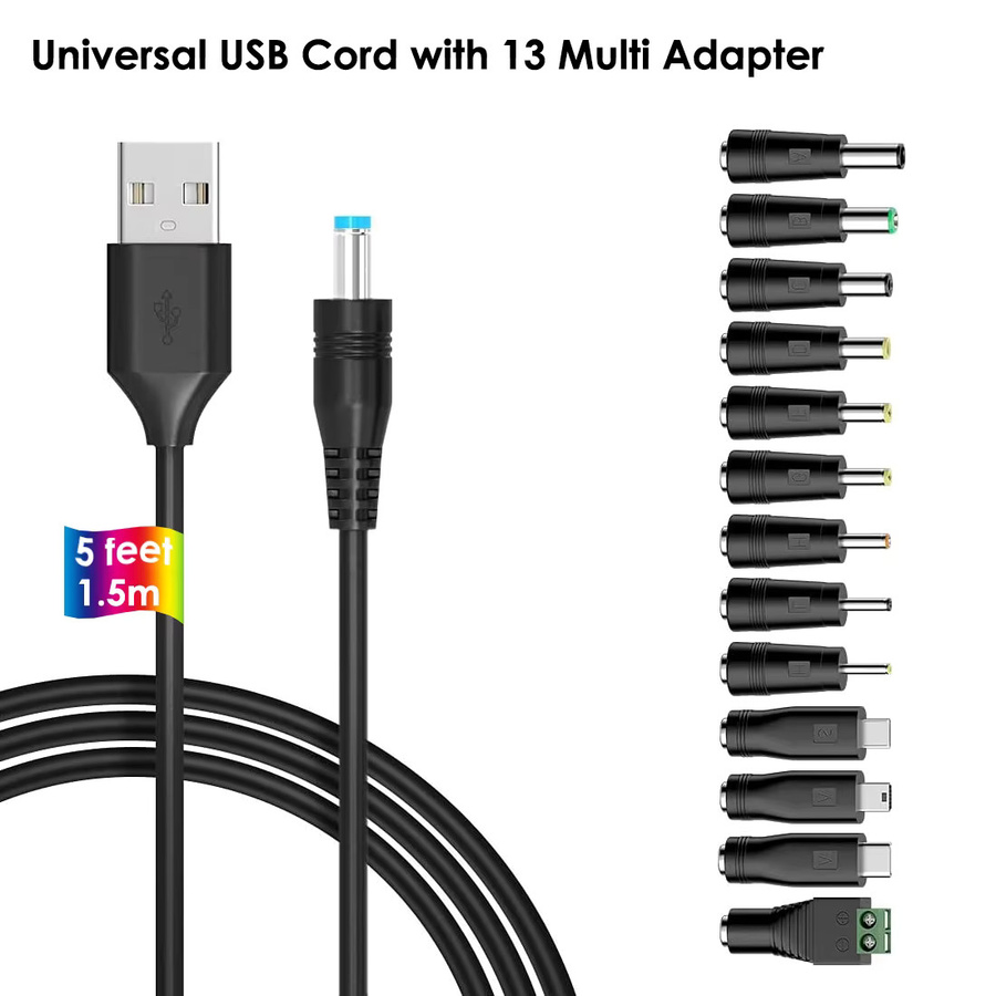 OBHO USB auf DC Ladekabel Schwarz mit 13 DC-Steckeradaptern, 1,5 m Länge, 5 V, 5,5 x 2,1 mm Klinke für Telefon, BT-Lautsprecher und Router - Bild 5