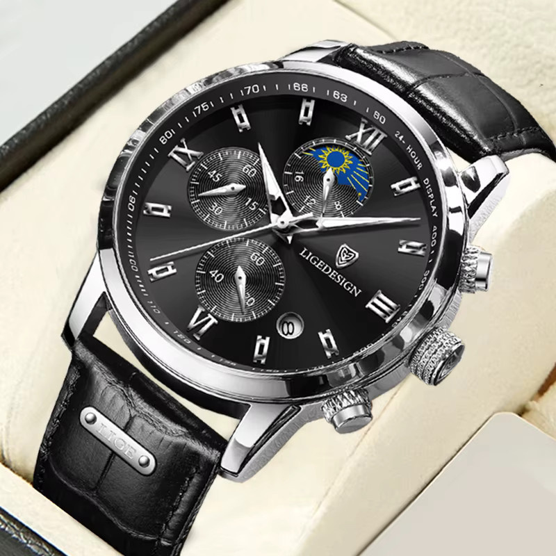 LIGE Armbanduhr, Leder, Mondphase, Quarz, Schwarz, Herren - Bild 6