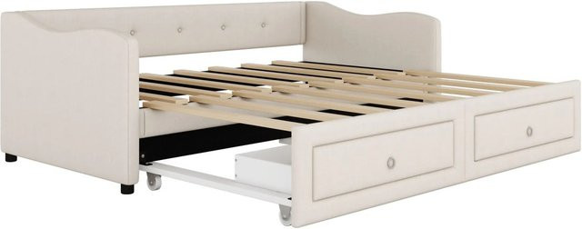 KOMHTOM Daybed Schlafsofa mit ausziehbarem Bett und zwei Schubkästen, Farbe Beige, Material Leinen und MDF, B/T/H: 200 x 90 x 74 cm - Bild 1