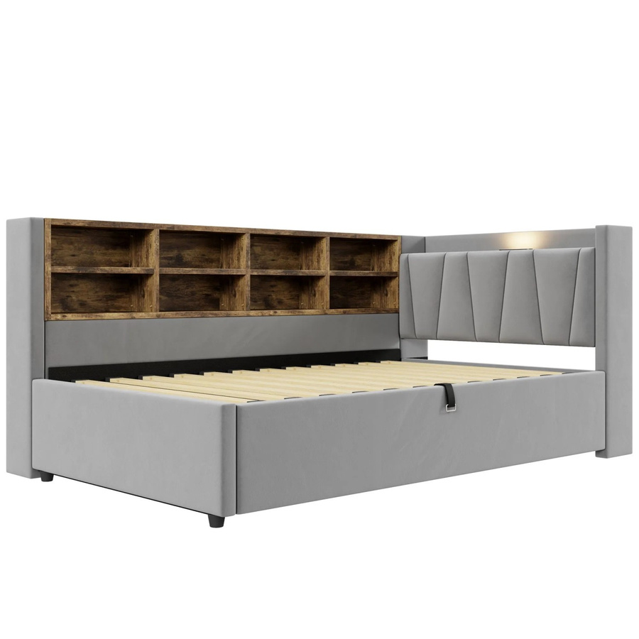 Merax Schlafsofa aus Samt mit USB-C Ladestation und Bettablage in Hellgrau, B/T/H: 90 x 200 cm - Bild 2