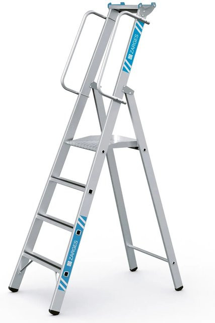 Zarges Stehleiter Meistertritt S aus Aluminium in Silber mit großer Plattform und Ablage, 4 Stufen - Bild 1