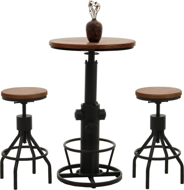 MCW Set aus Bartisch und 2 Barhockern im Industrial Design aus Holz, braun, höhenverstellbar und drehbar mit Fußablage - Bild 1