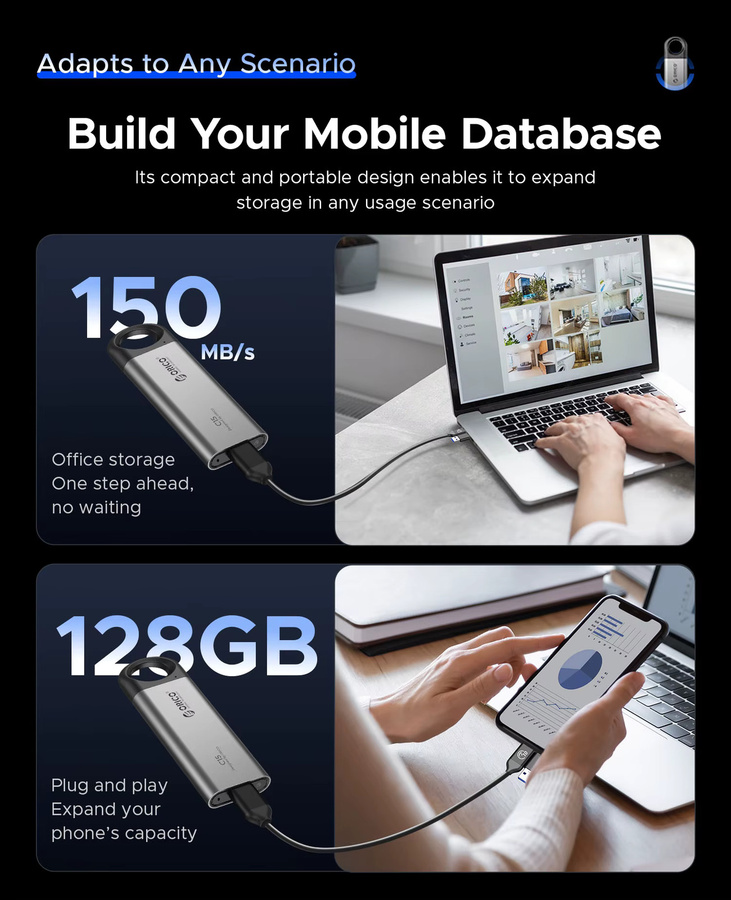 ORICO Tragbare SSD für iPhone 15 16 Serie, Tablets und Laptops mit bis zu 150 MB/s und Aufhängeöse - Bild 3
