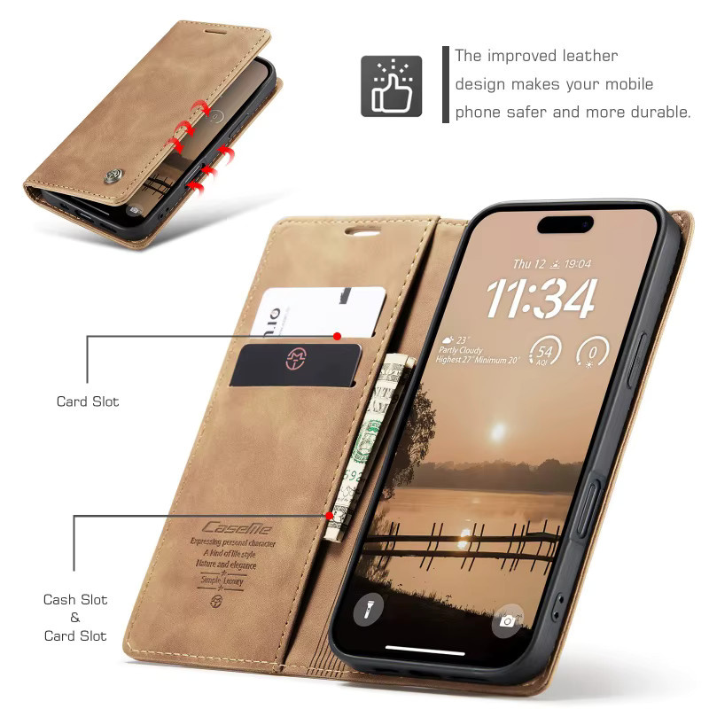 Retro Flip Handyhülle aus PU-Leder mit Kartenfächern für iPhone 17 Air 17E 16 15 14 13 12 11 Pro Max von szHAIyu in Rot und Braun - Bild 2
