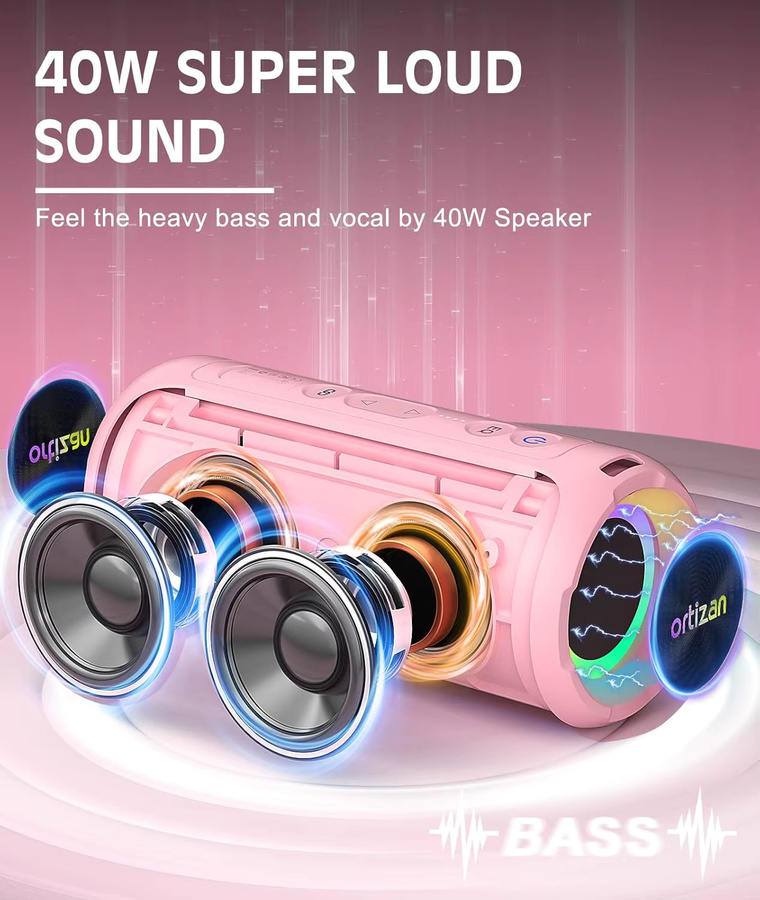 Ortizan X8 Pro Bluetooth-Lautsprecher mit RGB-Leuchten, wasserdicht und tragbar, Schwarz/Pink/Mehrfarbig - Bild 3