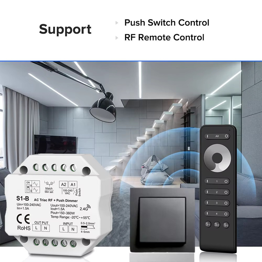 CENFAYA 4-Zonen AC Triac Dimmer Druckschalter mit 2,4G RF Fernbedienung zur Helligkeitssteuerung für dimmbare LED-Streifenbeleuchtung - Bild 3