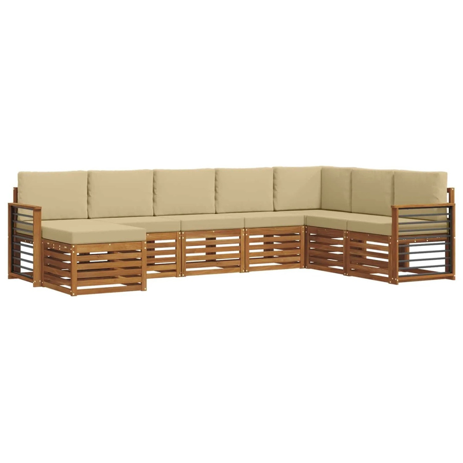vidaXL Sofagarnitur 8-teilig L-Form aus Massivholz Akazie in Natur und Beige mit Polstern und Armlehnen - Bild 2