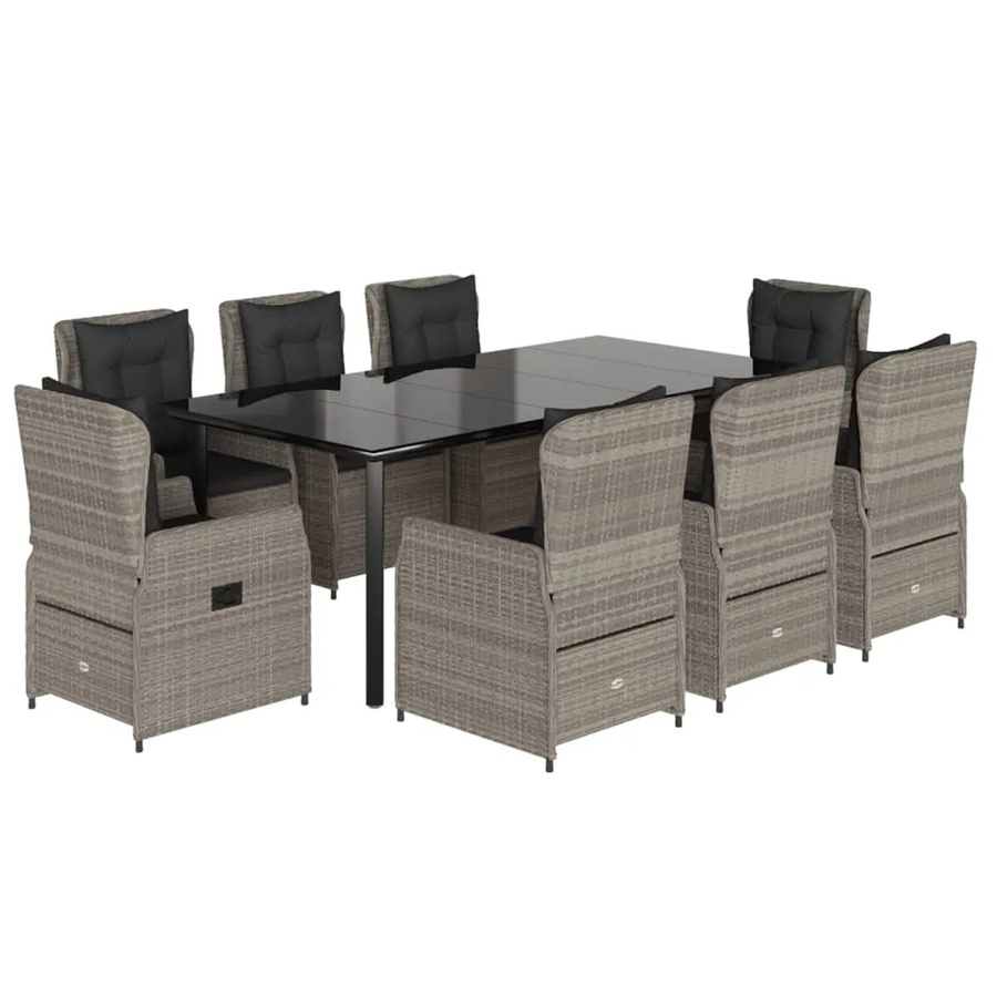 vidaXL 9-teilige Garten-Essgruppe aus Poly Rattan mit Kissen und Glastisch in Hellgrau - Bild 2