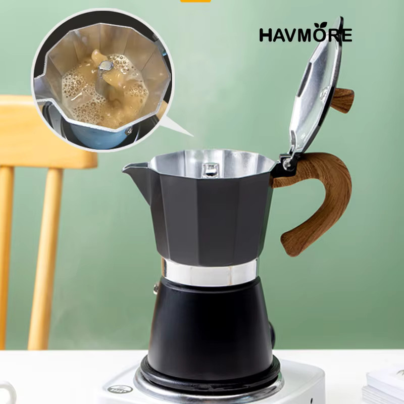 HAVMORE Moka Pot Espresso Maschine im Vintage-Stil mit Holzgriff, klassische italienische Espressokanne, Farben: Blau oder Schwarz, 150 ml oder 300 ml - Bild 2