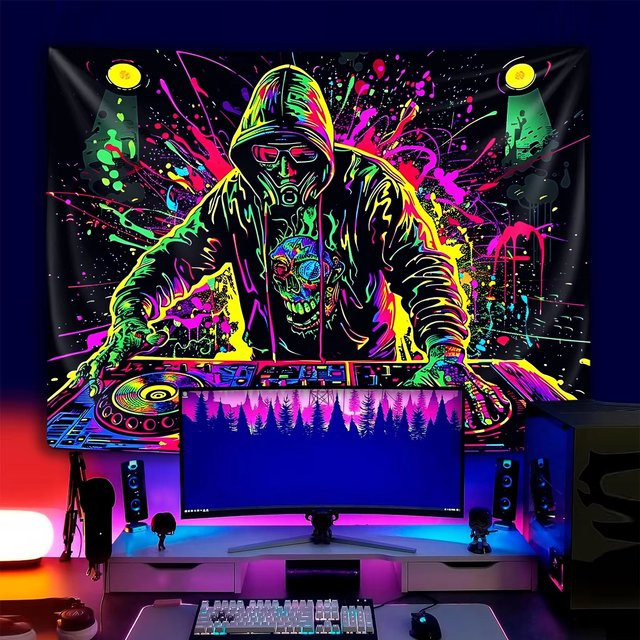 VIKAMA Dazzle DJ Gasmaske Wandteppich in Multicolour, moderner abstrakter Textil-Wandteppich für Gaming Room und Schlafzimmer, B/H: 60 x 60 cm - Bild 1