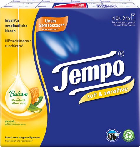 Tempo Soft & Sensitive Balsam Taschentücher mit Mandelöl & Aloe Vera, 24 x 9 Stück - Bild 1