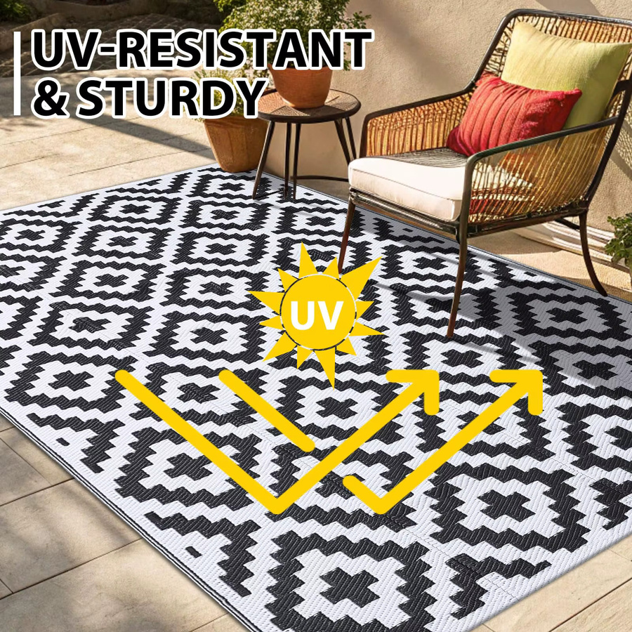 Olanly Outdoor-Teppich in Schwarz, wendbarer geometrischer Teppich aus Polypropylen für Terrasse und Garten - Bild 3