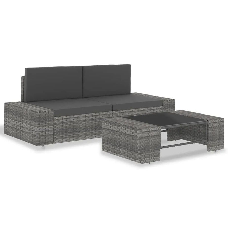 vidaXL 3-tlg Garten-Lounge-Set aus Poly-Rattan in Grau mit Polsterung und Couchtisch - Bild 2