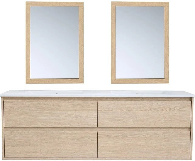 Milipam Doppelwaschtisch mit Waschbeckenunterschrank und Spiegel aus Eichenfurnier, Naturfarben Beige, Breite: 150 cm - Bild 1