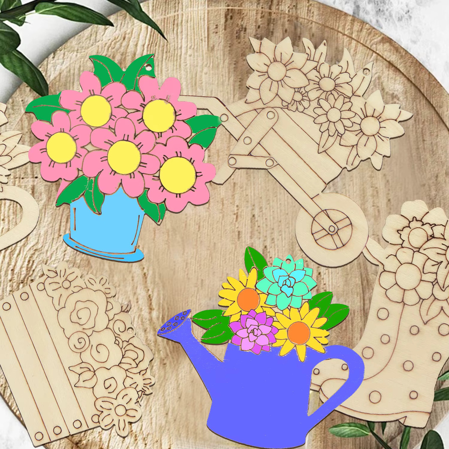 15-teiliges Set Blume Holz Ornamente mit Blumentopf in verschiedenen Sorten für DIY Deko und Geschenke, Multicolour - Bild 2