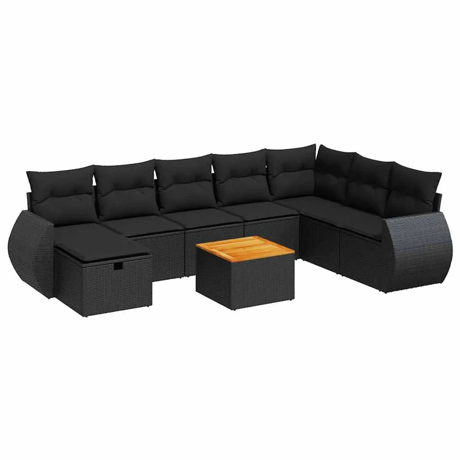 vidaXL 9-teilige Garten-Sofagarnitur aus Poly-Rattan und Akazienholz in Schwarz mit Kissen - Bild 2