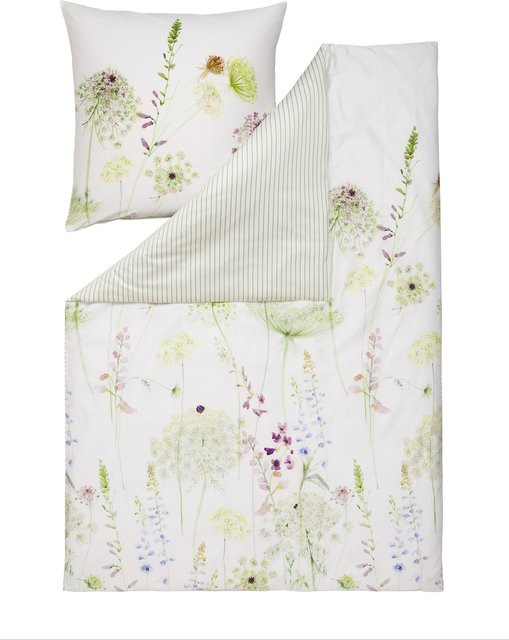 Estella Bettwäsche Meadow Jersey mit floralem Naturdesign in Grün und Weiß - Bild 1