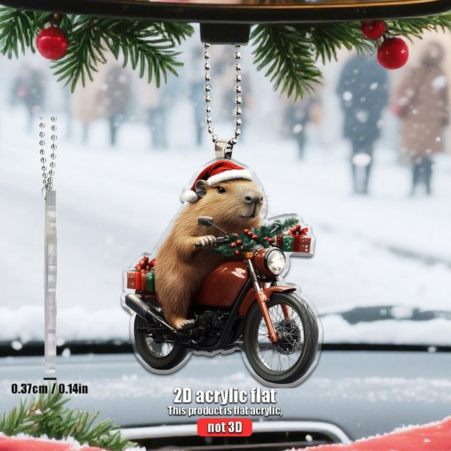 Weihnachtsbaum Anhänger Capybara auf Motorrad mit Weihnachtsmütze aus Acryl - Bild 1