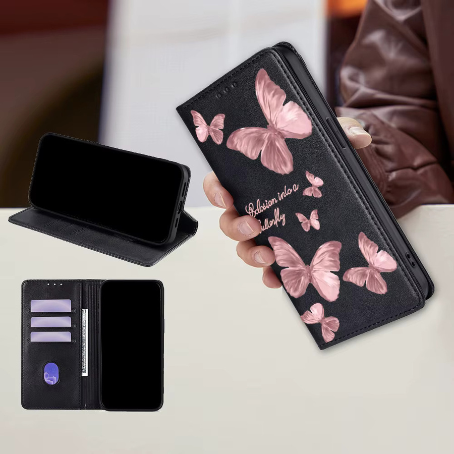 Samsung Wallet Cover mit Schmetterlingsmuster in Rosa für Galaxy S25 Ultra S25 FE S24 S23 S22 Plus Flip A17 A07 A56 A36 A26 aus Leder - Bild 2