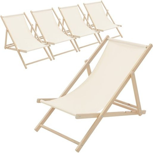 5er Set ECD Germany Liegestühle aus Holz in Beige mit verstellbarer Rückenlehne und UV-beständigem Polyester Oxford-Gewebe - Bild 1