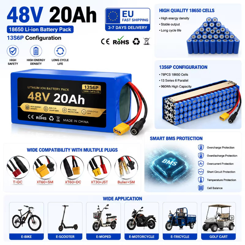 48V 20Ah Lithium-Ionen-Akkupack mit 18650 Zellen und Smart BMS für E-Bike und Elektroroller, Blau, XT60 Anschluss - Bild 4