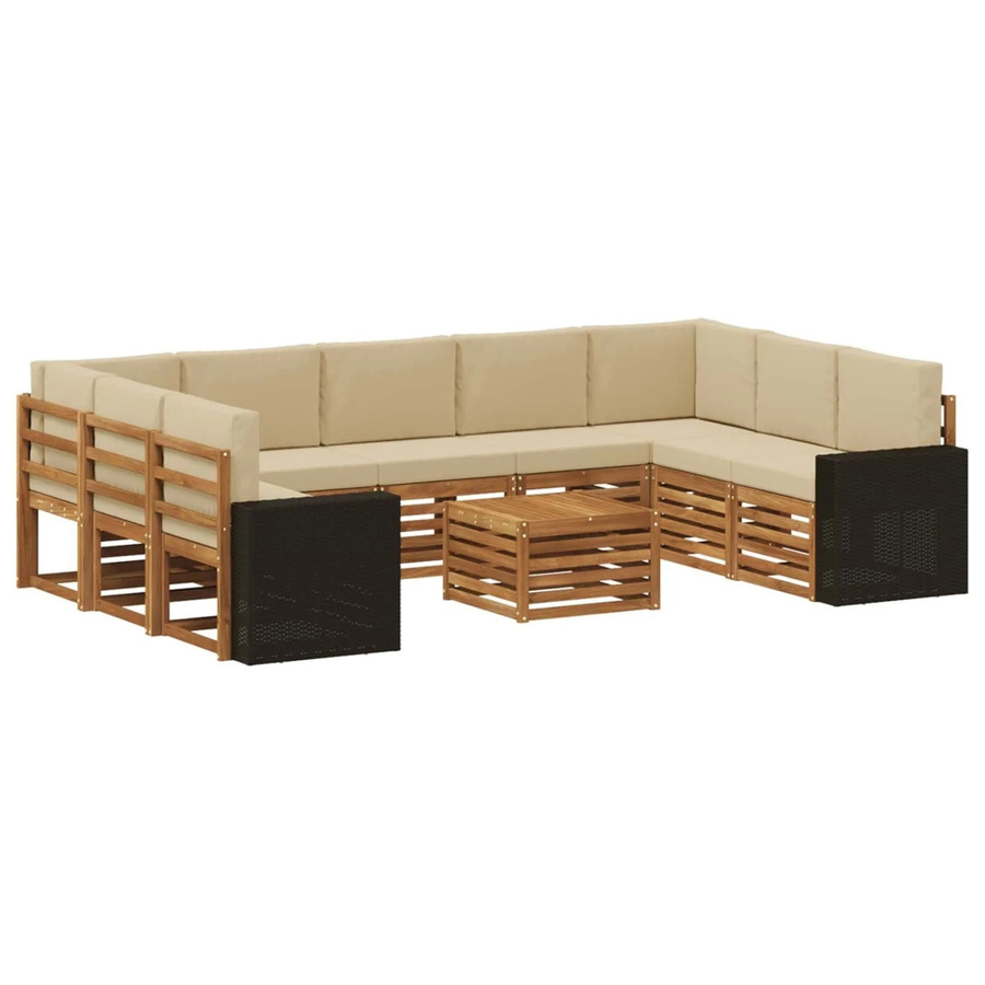 vidaXL Sofagarnitur aus Massivholz Akazie in Natur und Beige mit 10 Teilen und wetterfesten Kissen im modernen Latten-Design - Bild 2