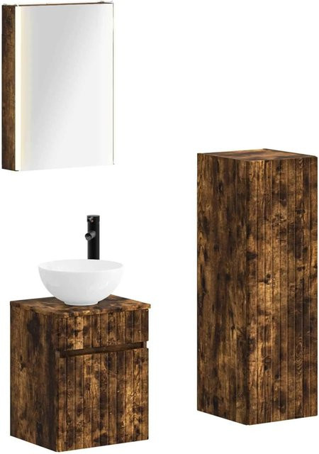 vidaXL Badezimmermöbel-Set 4-teilig aus Eiche in Braun mit LED-Spiegelschrank und Waschtischunterschrank im modernen Design - Bild 1