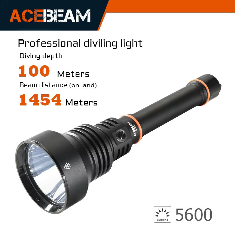 ACEBEAM D30 SFT-90X Tauchlampe in Schwarz mit 5600 Lumen und 1454 Meter Strahlreichweite, wasserdicht bis 100m, inklusive 2 x 21700 USB-C Akku - Bild 4