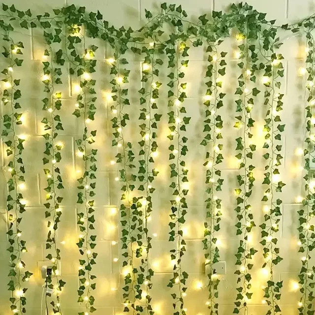 OKAL RED EAST LED Ahornblatt-Vorhang mit warmweißen Lichtern, künstliche Efeu-Girlande in Grün für Party, Hochzeit und Wanddekoration, USB-Betrieb - Bild 1