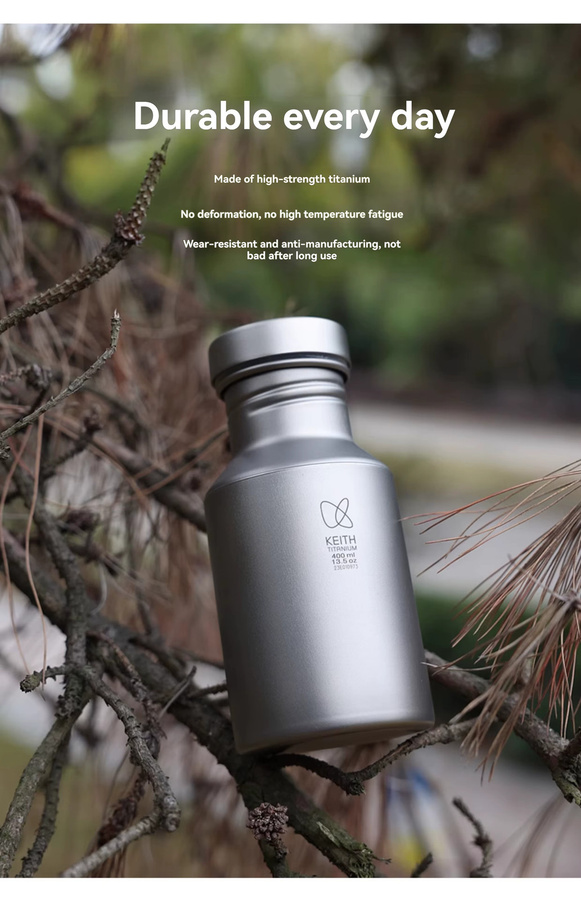 Keith Titan Wasserflasche aus Titan in Silber, auslaufsicher, 400 ml - Bild 3
