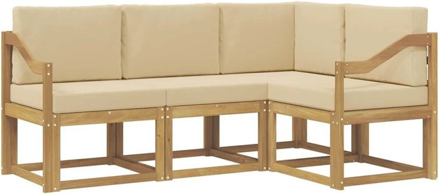 vidaXL Outdoor-Sofagarnitur in L-Form aus Akazienholz mit Kissen, 4-teilig, Weiß und Beige - Bild 1
