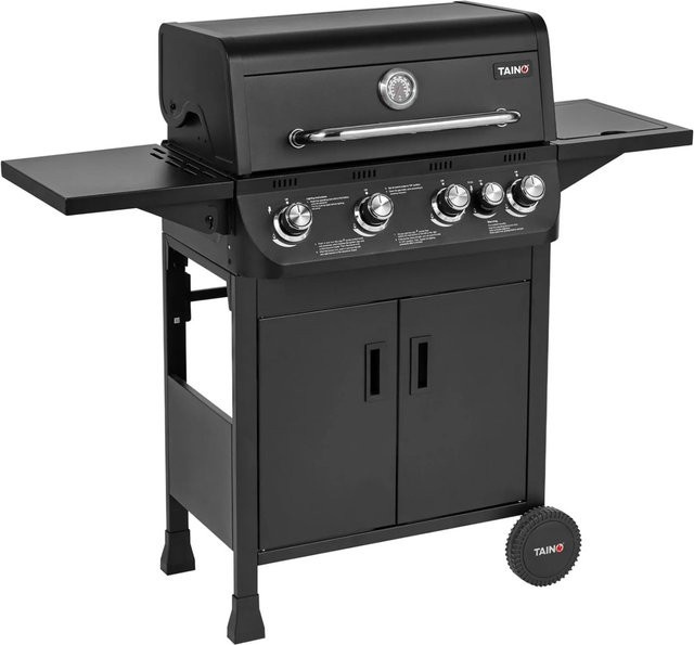 TAINO BRANDO Gasgrill in Schwarz mit 4 Brennern und 1 Seitenkocher, BBQ Grillwagen aus emailliertem Stahl mit Thermometer und Warmhalterist - Bild 1