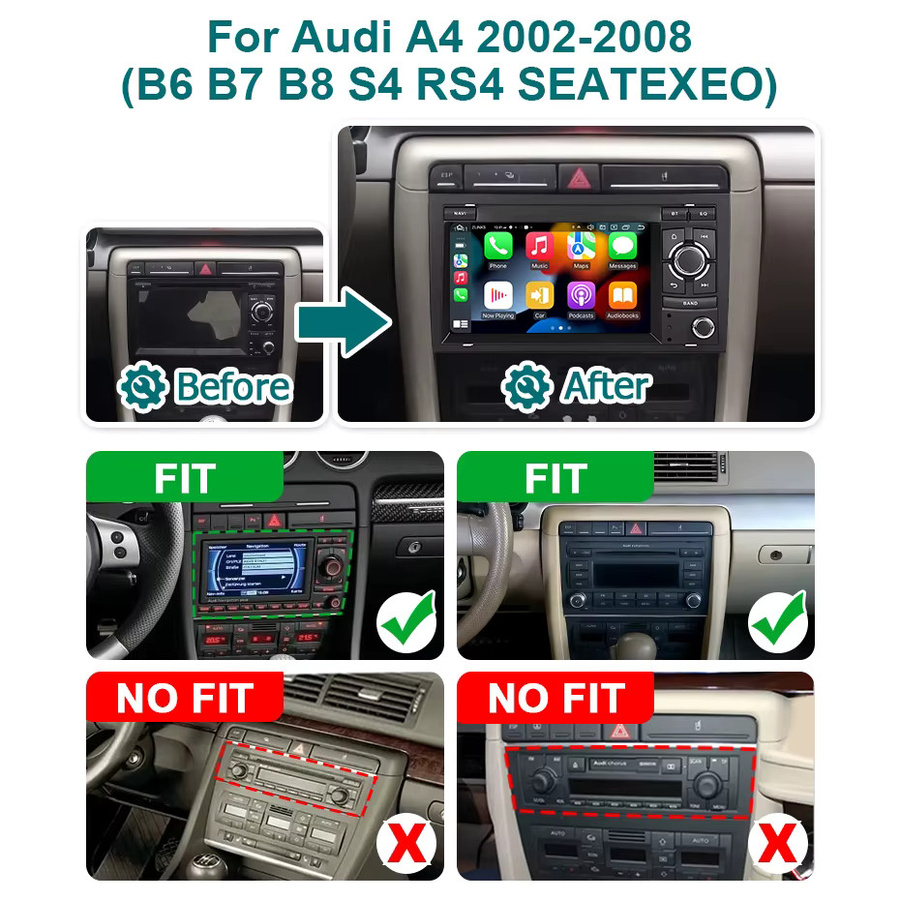 Wondefoo Android 15 Multimedia-Player mit 7 Zoll Bildschirm für Audi A4 B6 S4 B7 RS4 und Seat Exeo 2002-2008, Wireless Carplay, Bluetooth, WiFi und 4G, Schwarz, 2 DIN - Bild 2