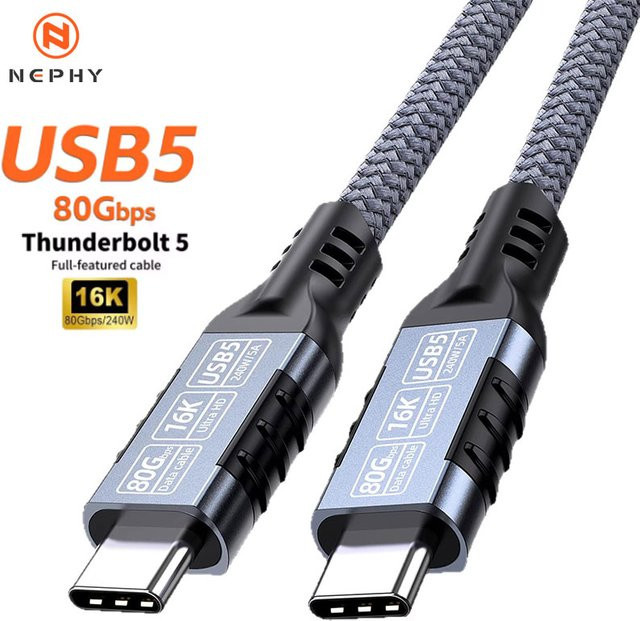 Nephy Thunderbolt 5 und USB4 USB-C auf USB-C Kabel, 240 W, 80 Gbit/s, 16K@60Hz, Schwarz - Bild 1