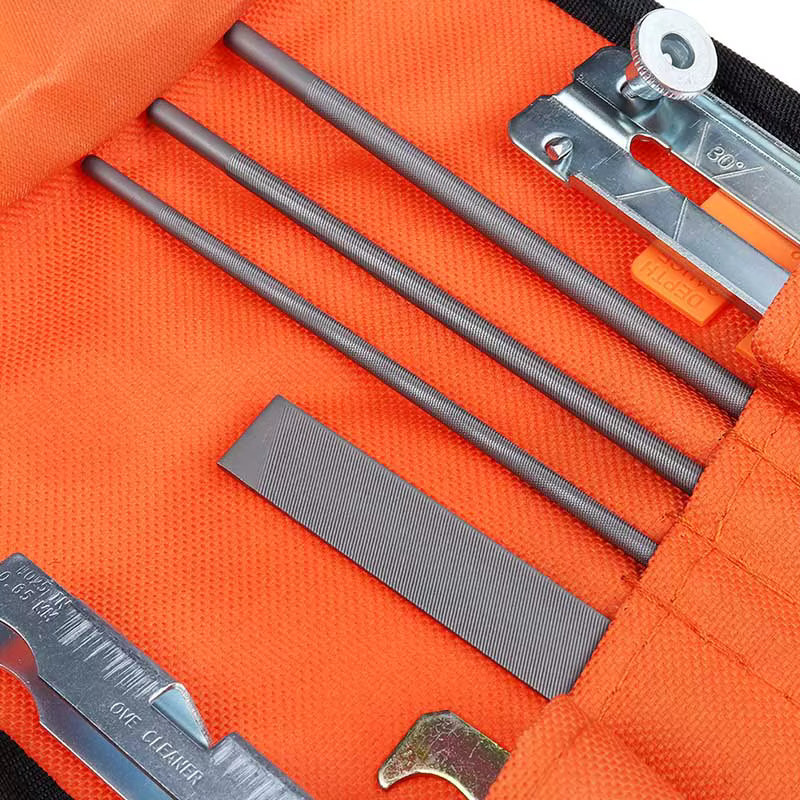 QDS Professionelles Kettensäge Schärf-Set mit 10-12 Teilen inklusive Rund- und Flachfeilen sowie Führungsschienen-Guide für Hartholz - Bild 3