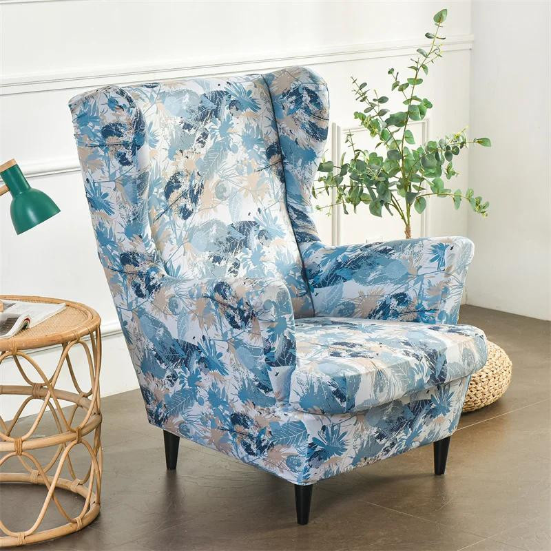 Pastoraler Ohrensesselbezug aus Stretch-Spandex in Blau mit Sitzkissenbezügen und Fußhocker-Überwurf - Bild 1